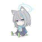  1girl absurdres animal_ear_fluff blue_archive blue_eyes blue_halo blue_scarf blush bright_pupils chibi closed_mouth cross_hair_ornament full_body grey_hair hair_ornament halo highres looking_at_viewer masabodo scarf shiroko_(blue_archive) short_hair simple_background sitting solo white_background white_pupils 