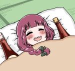  1girl blunt_bangs blush bocchi_the_rock! bottle braid closed_eyes futon highres hiroi_kikuri low-braided_long_hair purple_hair sharp_teeth single_braid sleeping teeth torako_(toramaru) 