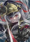  1girl altair_(re:creators) arm_up black_gloves black_headwear black_jacket commentary commission english_commentary epaulettes gauntlets gloves grey_hair grin hair_between_eyes hat high_collar highres himukai_aoi holding holding_sword holding_weapon jacket long_hair looking_at_viewer metal_gloves military military_hat military_jacket military_uniform mixed-language_commentary open_hand pixiv_commission re:creators red_eyes saber_(weapon) shako_cap smile solo sword uniform upper_body very_long_hair weapon 