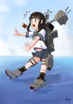  ! 1girl akashieru black_eyes black_hair clouds food fubuki_(kancolle) highres kantai_collection neckerchief ocean open_mouth ponytail school_uniform short_hair short_ponytail sky thigh_strap twitter_username 