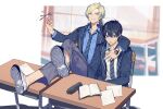  2boys anger_vein arm_around_shoulder blonde_hair blue_eyes blue_hair blue_jacket blue_lock blue_necktie blue_shirt book collared_shirt desk full_body gradient_hair grey_pants grin hand_tattoo hand_up highres isagi_yoichi jacket long_hair long_sleeves male_focus michael_kaiser multicolored_hair multiple_boys neck_tattoo necktie open_mouth pants pen school_uniform shirt shoes short_hair sitting smile sohu tattoo two-tone_hair white_footwear white_shirt 