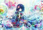  1girl aquarium ball bare_legs black_hair blue_eyes blunt_bangs closed_mouth eyebrows_hidden_by_hair fan_hair_ornament feet_out_of_frame fish floral_print flower goldfish hair_flower hair_ornament hair_spread_out head_tilt highres holding holding_ball japanese_clothes kimono long_hair long_sleeves looking_at_viewer original red_flower smile solo straight_hair tanishi_(tanishi_0403) very_long_hair wide_sleeves 