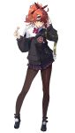 1246584779 1girl absurdres ahoge black_footwear black_jacket black_pantyhose black_skirt bow bowtie candy collared_shirt contrapposto food full_body fur-trimmed_jacket fur_trim girls_frontline hand_on_own_head highres holding holding_candy holding_food holding_lollipop jacket lollipop long_sleeves looking_at_viewer mp7_(girls&#039;_frontline) off_shoulder open_mouth pantyhose pleated_skirt red_bow red_bowtie redhead shirt shoes short_ponytail skirt solo standing white_background white_shirt yellow_eyes 