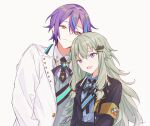  1boy 1girl absurdres aqua_hair armband buttons closed_mouth collared_shirt commentary gem green_hair hair_between_eyes hair_ornament hairclip highres icercck kamishiro_rui kusanagi_nene lapels long_hair long_sleeves multicolored_hair necktie open_mouth project_sekai purple_hair red_necktie shirt short_hair simple_background single_sidelock streaked_hair upper_body violet_eyes white_background yellow_eyes 