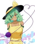 1girl alternate_skin_color arms_behind_back bare_shoulders black_headwear breasts commentary dated english_commentary green_eyes green_hair hat hat_ribbon heart heart_of_string highres komeiji_koishi looking_at_viewer medium_hair parted_lips ribbon signature smile solo third_eye touhou upper_body white_background xen0moonz yellow_ribbon 