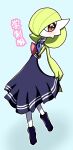  1girl arm_behind_back blue_background blue_dress blue_footwear blue_neckerchief blush bob_cut boots closed_mouth clothed_pokemon clothes_lift colored_skin commentary_request dress flat_chest full_body gardevoir green_hair green_skin hair_over_one_eye heart heart_in_eye high-waist_skirt lifted_by_self long_skirt looking_to_the_side multicolored_skin neckerchief one_eye_covered outline pleated_dress pokemon pokemon_(creature) red_eyes short_hair simple_background skirt skirt_lift solo standing symbol_in_eye two-tone_skin white_outline white_skin yuri_(pixiv_76483886) 