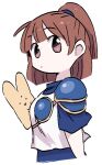  1girl arle_nadja armor blue_shirt brown_eyes brown_hair carbuncle_(puyopuyo) dokan_(dkn) dot_mouth dot_nose high_ponytail layered_clothes madou_monogatari ponytail puyopuyo shirt short_hair shoulder_armor simple_background solo_focus upper_body white_background white_shirt 
