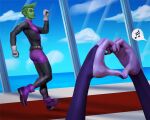  1boy 1girl beast_boy_(dc) belt blue_sky clouds colored_skin dc_comics evulchibi floor gloves green_eyes green_hair green_skin grey_gloves highres purple_footwear purple_skin raven_(dc) sky teen_titans walking 