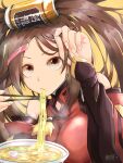  1girl bare_shoulders brown_eyes brown_hair chinese_clothes chopsticks dress eating food guilty_gear hair_ring hand_in_own_hair highres holding holding_chopsticks kuradoberi_jam long_hair mariebell noodles red_dress solo twintails 