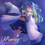  1girl album_cover artist_request blue_hair bow bowtie cover crop_top gold_trim green_hair highres jacket long_hair midriff multicolored_hair nanashi_inc. navel off-shoulder_jacket off_shoulder official_art open_clothes open_jacket red_bow red_bowtie smile solo suzumi_nemo two_side_up violet_eyes virtual_youtuber white_jacket wide_sleeves 