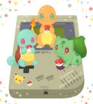  anniversary bulbasaur charmander claws confetti flame-tipped_tail game_boy green_eyes handheld_game_console holding holding_poke_ball pikachu poke_ball pokemon pokemon_(game) pokemon_rgby red_eyes sitting smile squirtle starter_pokemon_trio sticker ten&#039;on_(amane09) white_background 