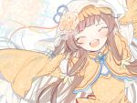  1girl basu_(buskillua25) brown_hair capelet character_request china_dress chinese_clothes closed_eyes clothing_request detached_sleeves dress facing_viewer flower food_fantasy highres long_hair open_mouth orange_capelet orange_dress smile solo teeth veil yellow_flower 