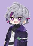  1boy :d absurdres black_jacket black_shirt blush commentary_request fuwa_minato grey_hair hair_between_eyes highres jacket looking_at_viewer male_focus multicolored_hair nijisanji nozo_(hitomiz) open_clothes open_jacket outline purple_background purple_hair shirt simple_background smile solo streaked_hair teeth upper_body upper_teeth_only violet_eyes virtual_youtuber white_outline 