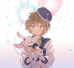  1boy aqua_eyes basu_(buskillua25) blue_headwear blue_sailor_collar blush braid brown_hair character_request confetti food_fantasy hair_ornament hat long_sleeves male_focus medium_hair musical_note musical_note_hair_ornament open_mouth rabbit sailor_collar sailor_hat shirt smile solo teeth white_background white_shirt 