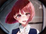  1girl arima_kana blue_vest blurry blurry_background blush bob_cut chromatic_aberration collared_shirt commentary_request crying crying_with_eyes_open fisheye hair_between_eyes highres lens_flare looking_at_viewer nose_blush open_mouth oshi_no_ko red_eyes redhead shirt short_hair signature solo tears teeth upper_body upper_teeth_only variant_set vest white_shirt yoitsuki_nema 