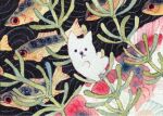  animal_focus dog fins fish floating floral_print looking_at_viewer myun_(moukin_no_ana) no_humans original painting_(medium) plant river swimming traditional_media watercolor_(medium) white_fur 