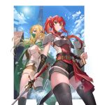  2girls absurdres alise_lovell armor belt black_shorts blonde_hair blue_eyes breasts brown_shorts cloak cowboy_shot dungeon_ni_deai_wo_motomeru_no_wa_machigatteiru_darou_ka elf fujinoomori gloves green_eyes highres holding holding_sword holding_weapon long_hair mask mouth_mask multiple_girls pointy_ears redhead ryu_lion sheath shirt shorts shoulder_armor sleeveless sword thigh-highs thighs weapon 