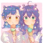  2girls :q ahoge blue_hair bow commentary flower food green_eyes grey_nails hair_bow hair_flower hair_ornament highres ice_cream idolmaster idolmaster_million_live! idolmaster_million_live!_theater_days jewelry long_hair mochizuki_anna mozzy0v0y multiple_girls nanao_yuriko purple_hair ring shirt short_hair smile symbol-only_commentary tongue tongue_out white_shirt x_hair_ornament yellow_bow yellow_eyes 