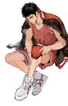  1boy basketball_jersey basketball_uniform black_hair black_jacket brown_eyes buttons closed_mouth collarbone commentary_request frown gyou_chin highres jacket jacket_on_shoulders jersey looking_at_viewer male_focus mitsui_hisashi red_shirt red_shorts shirt shoelaces shoes short_hair shorts simple_background sitting slam_dunk_(series) sleeveless sleeveless_shirt sneakers solo sportswear v-shaped_eyebrows white_background white_footwear 