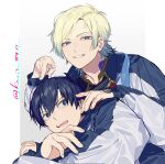  2boys blonde_hair blue_eyes blue_hair blue_lock gradient_hair grin hand_tattoo hand_up highres isagi_yoichi jacket long_hair long_sleeves looking_at_another male_focus michael_kaiser multicolored_hair multiple_boys neck_tattoo open_mouth short_hair sleeves_past_wrists smile sohu tattoo teeth twitter_username two-tone_hair upper_body upper_teeth_only v white_background white_jacket 