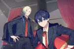  2boys belt black_belt black_jacket black_shirt black_suit blonde_hair blue_eyes blue_hair blue_lock box closed_mouth collared_shirt cowboy_shot curtains formal gradient_hair hand_on_own_hip heart-shaped_box highres indoors isagi_yoichi jacket jacket_on_shoulders long_sleeves looking_at_viewer male_focus michael_kaiser multicolored_hair multiple_boys neck_tattoo necktie red_necktie shirt short_hair smile sohu standing suit tattoo tsurime two-tone_hair upper_body white_shirt 