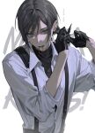  1boy black_gloves black_shirt black_undershirt blue_eyes brown_hair buttons character_name collared_shirt commentary ear_piercing earrings english_commentary eyelashes gloves hair_tie hair_tie_in_mouth half_gloves hands_up highres jewelry looking_at_viewer male_focus medium_hair mouth_hold mysta_rias mysta_rias_(2nd_costume) necklace nijisanji nijisanji_en official_alternate_costume open_mouth papa_(you_have_today) parted_bangs piercing shirt sidelocks simple_background sleeves_past_elbows solo suspenders teeth turtleneck tying_hair undershirt upper_body virtual_youtuber white_background white_shirt wing_collar 