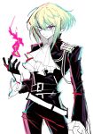  1boy ascot belt black_belt black_coat black_gloves black_pants blonde_hair closed_mouth coat cowboy_shot fire gloves green_hair half_gloves highres lio_fotia looking_at_viewer male_focus multicolored_hair pants pink_fire promare remsrar simple_background solo streaked_hair violet_eyes white_ascot white_background white_belt 