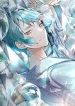  1boy blue_hair blue_shirt blush closed_mouth dutch_angle earrings from_side grey_eyes hair_between_eyes hand_up heterochromia highres holding_wind_chime jade_leech jewelry light_particles looking_at_viewer male_focus mitsunari_miyako shirt short_hair sidelocks single_earring smile solo striped striped_shirt twisted_wonderland upper_body vertical-striped_shirt vertical_stripes watermark wind_chime yellow_eyes 