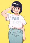  1girl 49s-aragon absurdres arm_up black_eyes black_hair blunt_bangs blush denim glasses highres jeans looking_at_viewer open_mouth original pants round_eyewear shirt short_hair short_sleeves simple_background smile solo standing white_shirt yellow_background 