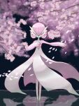  1girl alternate_color alternate_shiny_pokemon arm_up artist_name blush bob_cut cherry_blossoms closed_eyes colored_skin commentary_request falling_petals flat_chest floral_print full_body gardevoir hair_between_eyes hand_on_own_chest hand_up legs_together light_blush multicolored_skin outstretched_arm petals pink_hair pink_skin pink_theme pokemon pokemon_(creature) reflection reflective_water ripples short_hair signature solo standing standing_on_liquid straight-on tree twitter_username two-tone_skin u_u ume_emaru water white_skin wind 