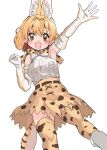  animal_ears bare_shoulders blonde_hair bow bowtie cat_ears cat_girl cat_tail elbow_gloves extra_ears gloves hair_between_eyes high-waist_skirt highres houkokukokui kemono_friends looking_at_viewer open_mouth print_bow print_bowtie print_gloves print_skirt print_thighhighs serval_(kemono_friends) serval_print shirt short_hair skirt sleeveless smile tail thigh-highs waving white_shirt yellow_eyes zettai_ryouiki 