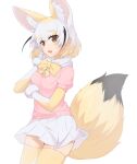  1girl :3 absurdres animal_ears blonde_hair blush bow bowtie brown_eyes cowboy_shot elbow_gloves extra_ears fang fennec_(kemono_friends) fox_ears fox_girl fox_tail fur_trim gloves hand_in_own_hair highres kemono_friends looking_at_viewer nyaseiru open_mouth pink_sweater pleated_skirt puffy_short_sleeves puffy_sleeves scarf short_hair short_sleeves skirt smile solo sweater tail thigh-highs two-tone_gloves white_gloves white_hair white_scarf white_skirt yellow_bow yellow_bowtie yellow_gloves yellow_thighhighs zettai_ryouiki 