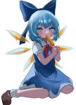  1girl blue_bow blue_eyes blue_hair blush bow bowtie brown_footwear cirno commentary detached_wings full_body hair_bow highres holding_popsicle ice ice_wings looking_at_viewer mikan_(manmarumikan) red_bow red_bowtie short_hair short_sleeves simple_background sitting socks solo sweat touhou white_background white_socks wings 