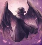  black_cloak black_headwear black_wings cloak commentary_request falling_feathers feathered_wings feathers fur-trimmed_cloak fur_trim hat kakuredo_ura lobotomy_corporation pink_background pink_feathers plague_doctor plague_doctor_(project_moon) plague_doctor_mask project_moon solo wings 