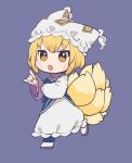  1girl :d animal_ears blonde_hair blue_background blue_tabard blush chibi citrus_(place) commentary_request dress fang fox_ears fox_shadow_puppet fox_tail full_body hand_up hat kitsune looking_at_viewer mob_cap multiple_tails open_mouth running short_hair simple_background smile solo tabard tail touhou white_dress yakumo_ran yellow_eyes 