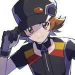  1boy black_gloves black_headwear brown_eyes brown_hair collarbone gloves highres hilbert_(pokemon) hilbert_(sygna_suit)_(pokemon) looking_to_the_side male_focus official_alternate_costume pokemon pokemon_(game) pokemon_masters_ex rrrisyf shirt simple_background smile solo upper_body white_shirt 