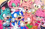  1boy 6+girls amy_rose artist_name blush character_request closed_eyes cosplay fang furry furry_female furry_male gloves hatsune_miku hatsune_miku_(cosplay) highres holding holding_microphone microphone multiple_girls open_mouth rouge_the_bat sonic_(series) sonic_the_hedgehog teeth upper_teeth_only watermark white_gloves wizaria 
