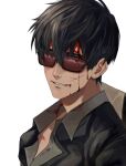  1boy black_eyes black_hair black_jacket blood blood_on_clothes blood_on_face collared_shirt cuts grey_shirt highres injury jacket male_focus nicholas_d._wolfwood portrait shirt short_hair simple_background smile solo sunglasses trigun trigun_stampede tte_(t_ombi) white_background 
