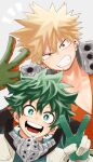  2boys bakugou_katsuki blonde_hair boku_no_hero_academia bright_pupils clenched_teeth collarbone commentary freckles gloves green_eyes green_gloves green_hair grey_background highres hkt26as looking_at_viewer male_focus midoriya_izuku multiple_boys open_mouth red_eyes short_hair simple_background smile spiky_hair teeth upper_body v white_pupils 