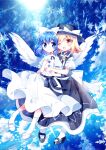  2girls absurdres black_dress black_headwear blonde_hair blue_eyes blue_hair blue_sky blush chisen_maimai dress highres looking_at_another mai_(touhou) multiple_girls one_eye_closed short_hair sky snowing touhou touhou_(pc-98) white_dress wings yellow_eyes yuki_(touhou) 