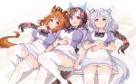  3girls animal_ears aston_machan_(umamusume) beret black_hair blue_eyes braid breasts brown_hair crown grey_hair hair_between_eyes hair_ornament hat hishi_miracle_(umamusume) hokko_tarumae_(umamusume) horse_ears horse_tail large_breasts long_hair looking_at_viewer medium_hair multiple_girls ribbon ryoji_(nomura_ryouji) school_uniform simple_background tail thick_thighs thighs tracen_school_uniform twin_braids umamusume v violet_eyes white_background 