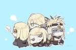  4boys armor aztec black_jacket black_pants blonde_hair blue_background blue_eyes braid chibi cigarette facepaint fate/grand_order fate_(series) full_body gold_necklace hair_ornament headdress highres jacket jewelry long_hair looking_at_viewer male_focus multiple_boys multiple_persona necklace orange-tinted_eyewear pants short_hair simple_background skull skull_hair_ornament smoke smoking sunglasses tezcatlipoca_(child)_(fate) tezcatlipoca_(fate) tezcatlipoca_(second_ascension)_(fate) tezcatlipoca_(third_ascension)_(fate) tinted_eyewear toeless_footwear traditional_clothes twin_braids yutsuki_(pixiv40202660) 