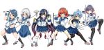  6+girls black_thighhighs blue_hair brass_knuckles dress etorofu_(kancolle) fukae_(kancolle) full_body glasses green_eyes hat highres hirato_(kancolle) holding holding_weapon kantai_collection matsuwa_(kancolle) multicolored_hair multiple_girls red_eyes redhead sado_(kancolle) sailor_collar sailor_dress sailor_hat school_uniform senon serafuku thigh-highs tsushima_(kancolle) violet_eyes weapon white_eyes white_hair white_thighhighs yellow_eyes 