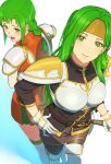  2girls aduti_momoyama armor back-to-back belt black_pantyhose boobplate boots braid breasts brown_belt brown_headband brown_skirt closed_mouth dress fire_emblem fire_emblem:_the_sacred_stones furrowed_brow gloves gold_trim green_eyes green_hair hand_on_own_hip headband high_collar highres long_hair looking_at_another looking_at_viewer looking_back medium_breasts multiple_girls o-ring o-ring_belt open_mouth orange_dress pantyhose pauldrons pegasus_knight_uniform_(fire_emblem) pink_lips polearm short_dress shoulder_armor siblings simple_background single_braid sisters skirt smile spear standing syrene_(fire_emblem) thigh-highs thigh_boots vanessa_(fire_emblem) weapon white_armor white_background white_gloves white_thighhighs 