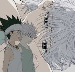  2boys bare_shoulders black_eyes gon_freecss green_hair hair_between_eyes headband hunter_x_hunter jewelry kasukasugom1 killua_zoldyck male_child male_focus multiple_boys necklace profile remembering shirt short_hair sleeveless spiky_hair sweatdrop upper_body white_hair white_shirt 