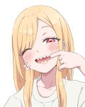  1girl blonde_hair blush bubukka collarbone ear_piercing kitagawa_marin long_hair looking_at_viewer one_eye_closed open_mouth piercing red_eyes sharp_teeth shirt simple_background smile solo sono_bisque_doll_wa_koi_wo_suru teeth upper_body white_background white_shirt 