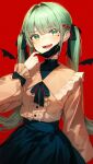  1girl bandaid bandaid_on_neck black_bow black_mask black_neckerchief black_ribbon black_skirt blue_eyes blush bow commentary cowboy_shot detached_wings ear_piercing earrings facial_mark fangs frilled_sleeves frills hair_ornament hair_ribbon hatsune_miku heart heart_facial_mark heart_hair_ornament highres industrial_piercing jewelry jirai_kei light_green_hair lo-ta long_hair mask mask_pull mouth_mask neckerchief open_mouth piercing red_background red_lips ribbon sidelocks simple_background skirt solo stud_earrings symbol-only_commentary teeth twintails two-tone_eyes upper_body vampire vampire_(vocaloid) vocaloid wings wrist_bow yellow_eyes 