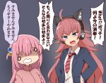 2girls animal_ear_headphones animal_ears bang_dream! black_jacket blue_eyes bocchi_the_rock! cat_ear_headphones comedy commentary_request crossover diagonal-striped_necktie drooling face_of_the_people_who_sank_all_their_money_into_the_fx_(meme) fake_animal_ears fang gotou_hitori hands_on_own_hips headphones highres jacket long_hair loose_necktie meme multiple_girls necktie o_o one_side_up open_mouth pink_hair pink_jacket suwaneko tamade_chiyu track_jacket translation_request wavy_mouth