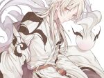  1boy bishounen blonde_hair brown_eyes closed_mouth clothing_request facing_to_the_side food_fantasy japanese_clothes long_hair looking_at_viewer male_focus shaizi_(z07ca5jh85) sitting white_background wonton_(food_fantasy) 