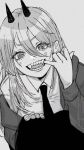  1girl chainsaw_man cross-shaped_pupils finger_in_own_mouth grey_background greyscale hair_between_eyes highres horns jacket long_hair looking_at_viewer monochrome necktie open_mouth power_(chainsaw_man) sharp_teeth simple_background smile solo symbol-shaped_pupils teeth turuo_che 